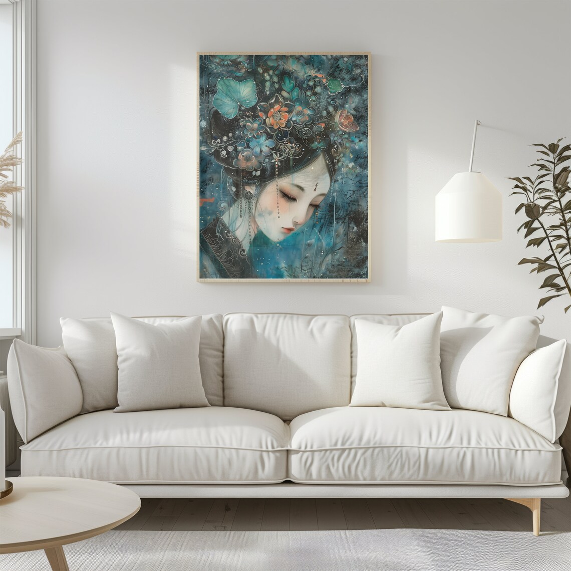 Geisha Portrait With Floral Hair Ornaments Teal Gold Art Poster - Image 3