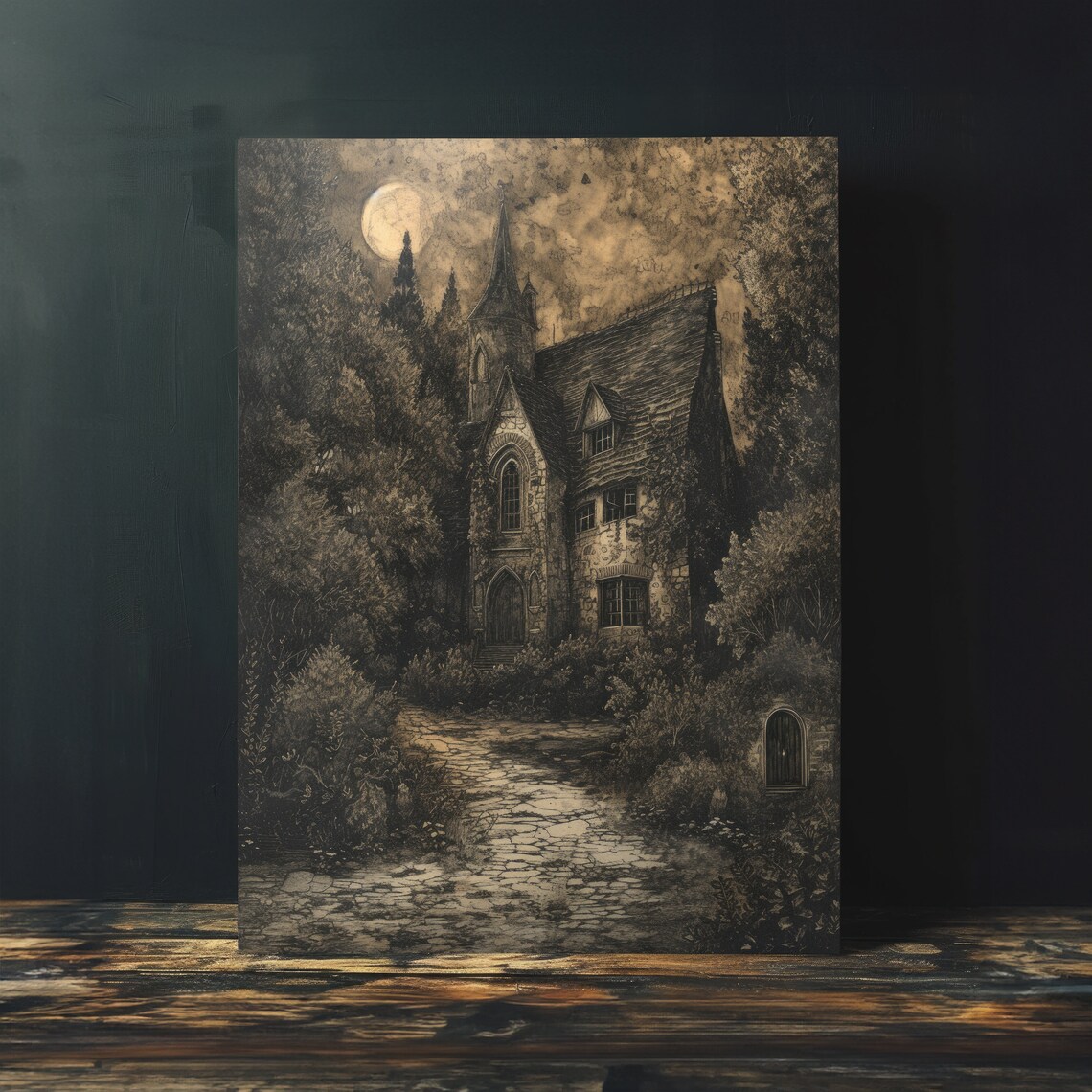 Moonlit Stone Cottage Etching Style Vintage Sepia Haunted Forest Art Poster - Image 4