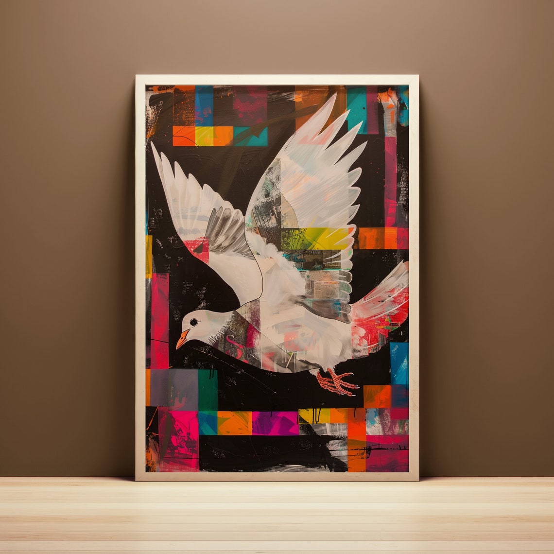 White Dove in Flight Modern Mosaic Color Block Geometric Bird Poster - Image 3