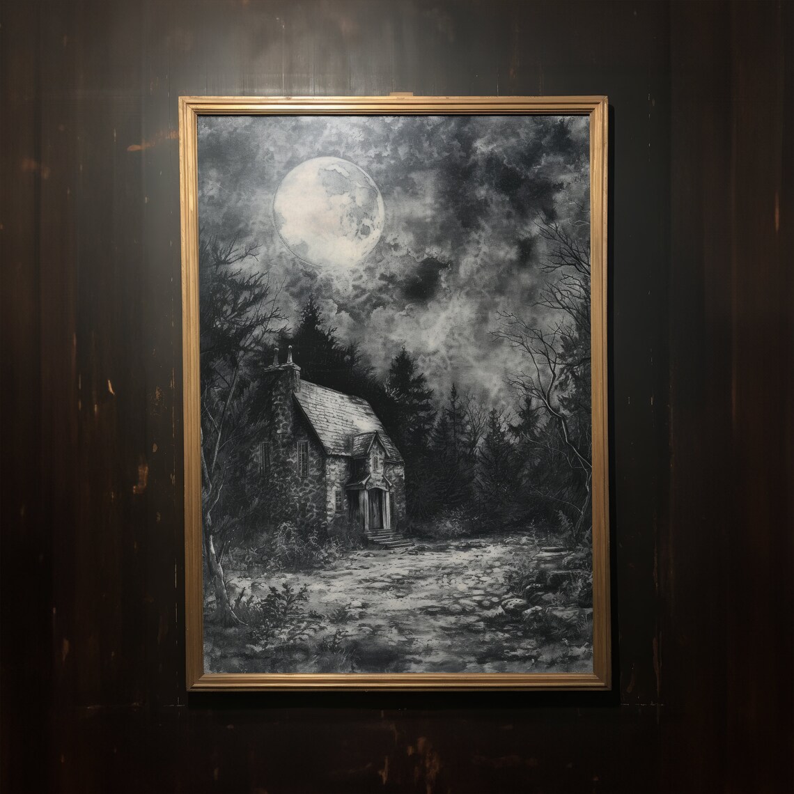 Moonlit Cottage Forest Night Grungy Black White Sketch Dark Moody Art Poster - Image 3