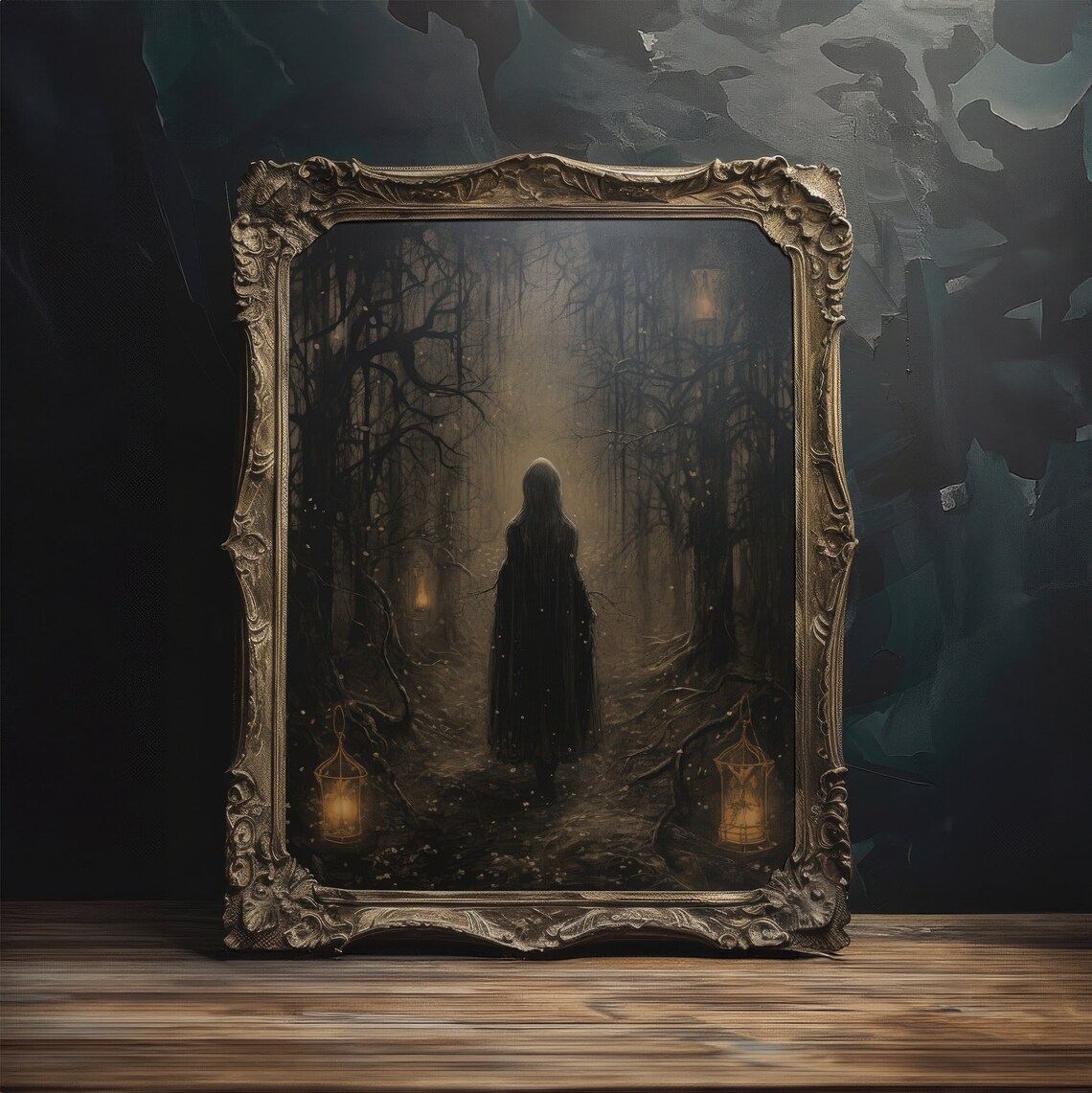 Cloaked Witch Lantern Lit Woods Dark Forest Moody Vintage Painting Art Poster - Image 3