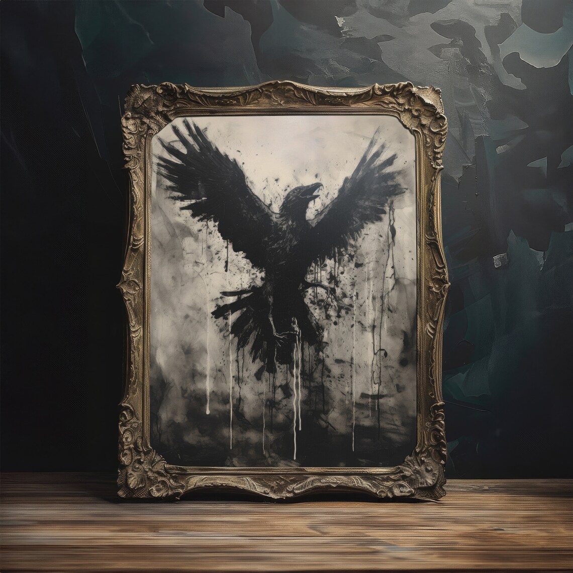 Black Crow Wings Spread Ink Splatter Moody Grungy Monochrome Art Poster - Image 2