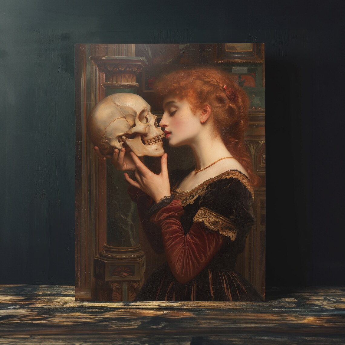Woman Kissing Skull Victorian Painting Dark Romantic Memento Mori Art Poster - Image 3