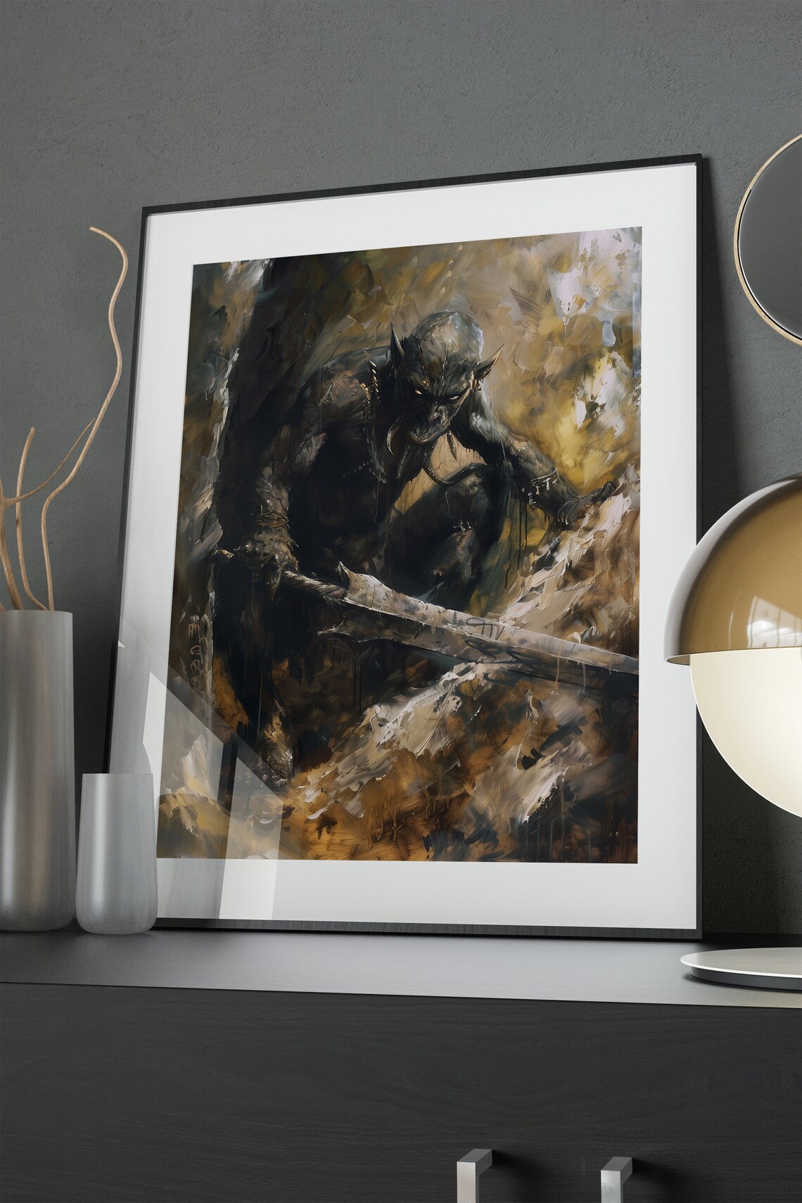 Dark Orc Warrior Sword Painterly Brown Tone Fantasy Art Poster - Image 4