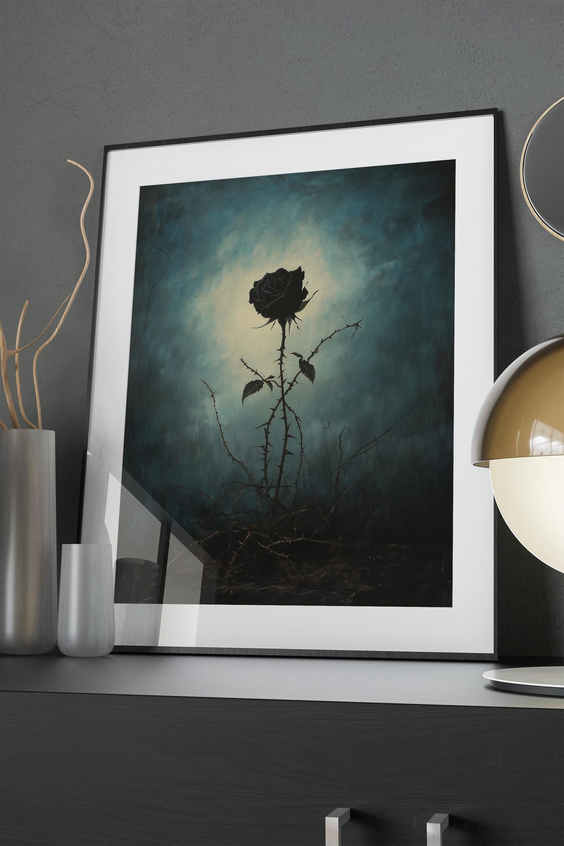Black Rose Silhouette Against Moonlit Blue Fog Gothic Art Poster - Image 3