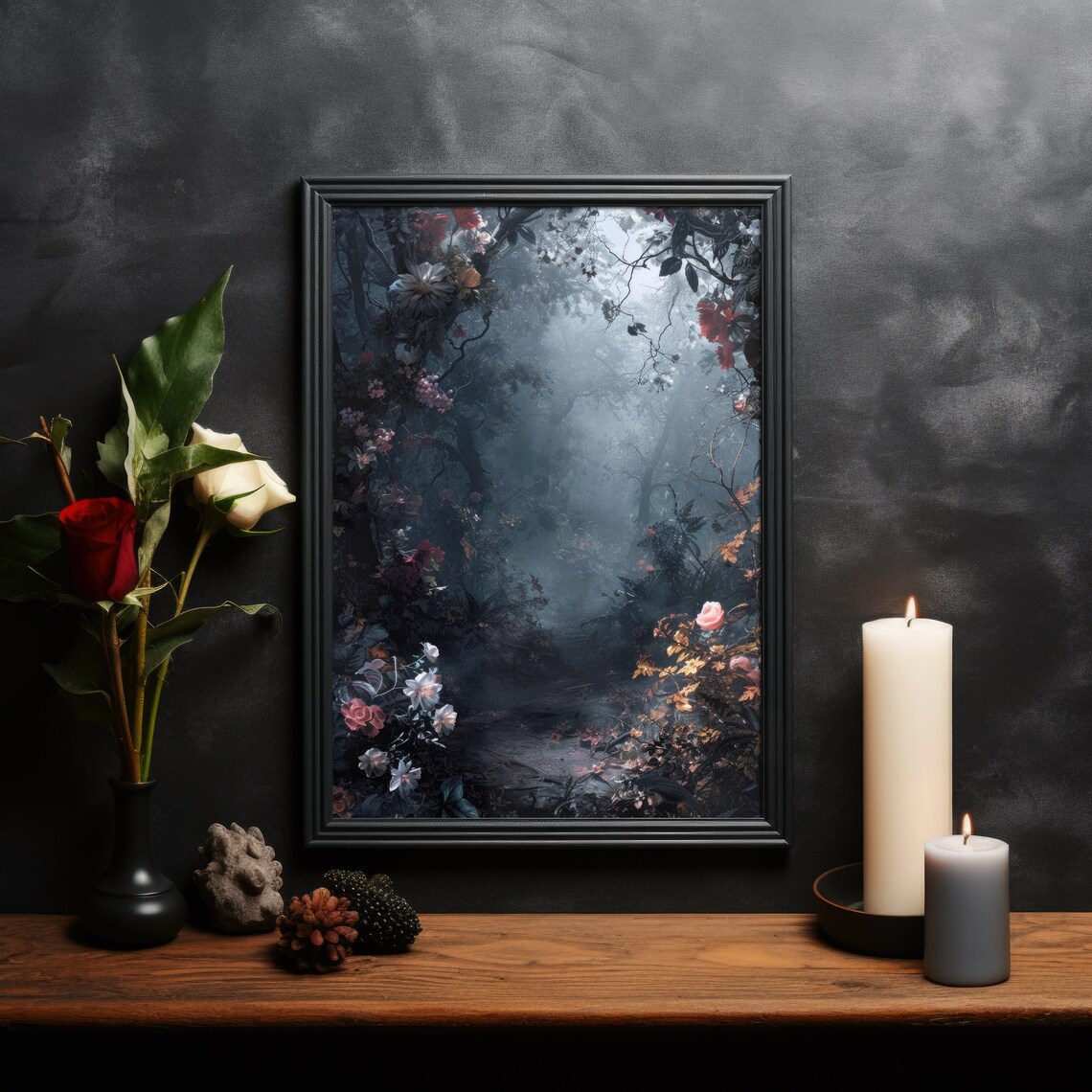 Misty Forest Glade With Wildflowers Moody Dark Botanical Poster - Image 2