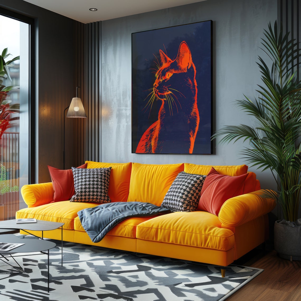 Neon Orange Cat Silhouette Dark Navy Pop Art Minimalist Poster - Image 4