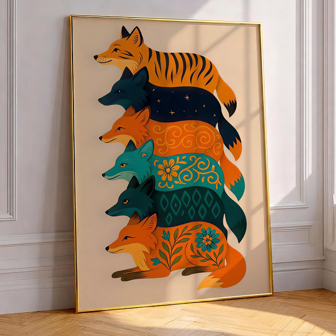 Six Cute Colorful Patterned Boho Foxes Stacked Woodland Poster