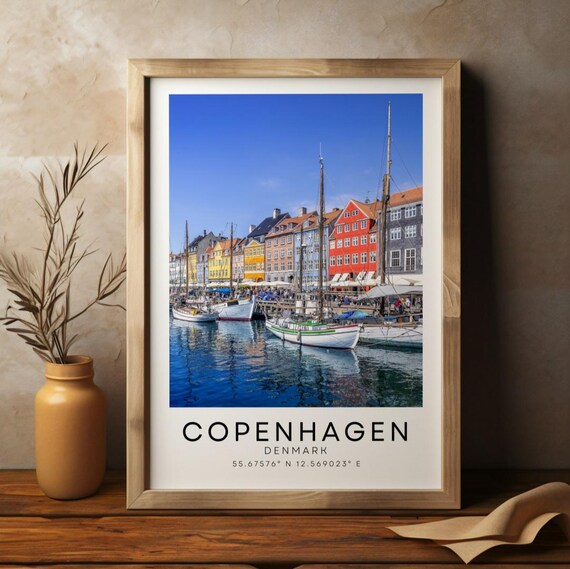 Copenhagen Denmark Colorful Nyhavn Harbor Coordinates Travel Poster