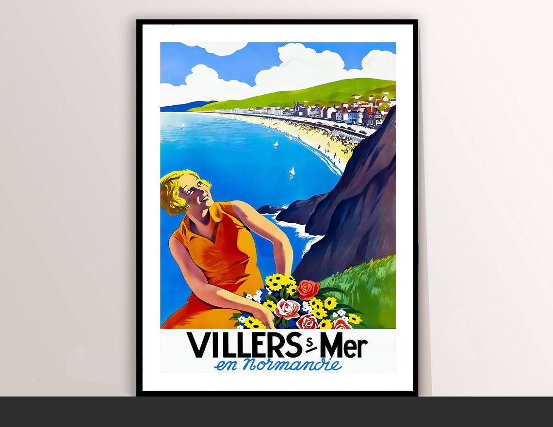 Villers Sur Mer Normandy Beach Bay Blonde Woman Flowers Travel Poster