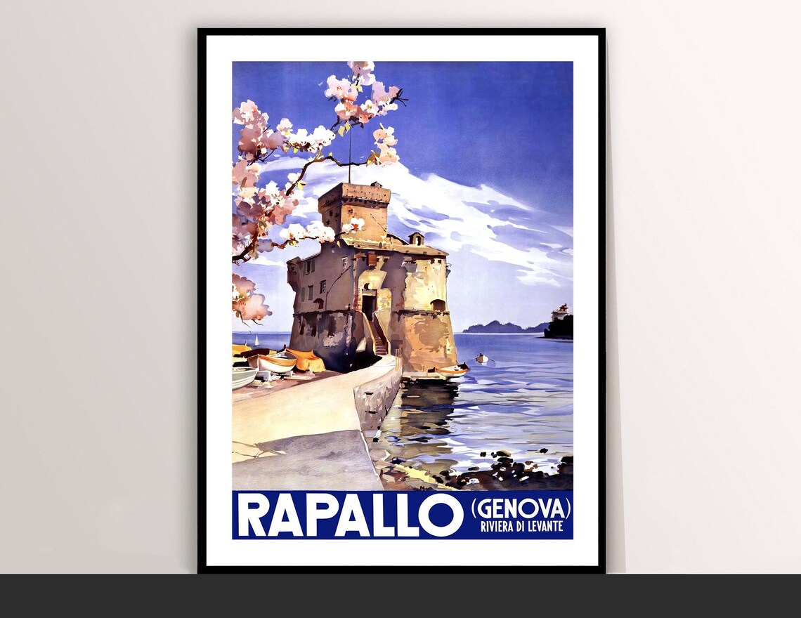 Rapallo Genova Riviera di Levante Castle Coast Vintage Travel Poster