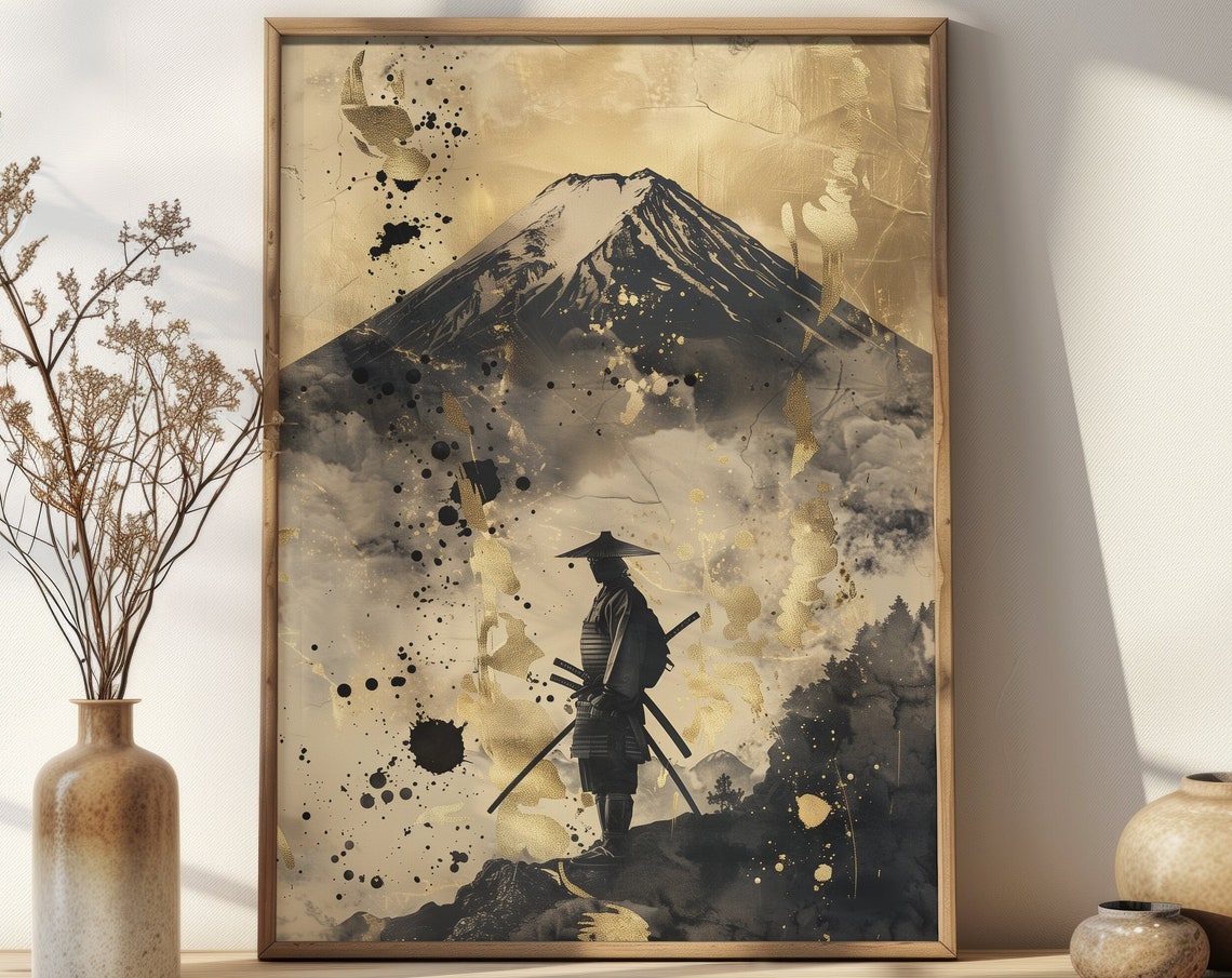 Samurai Warrior Beneath Mount Fuji Japanese Ink Sumi E Art Poster