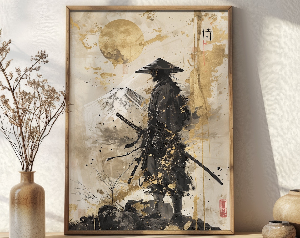 Sumi-E Samurai Poster, Moody Japanese Art Print