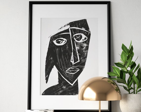 Abstract Cubist Portrait Wall Art Trendy Modern Art Print Geometric Black White Wall Decor Monochrome Art