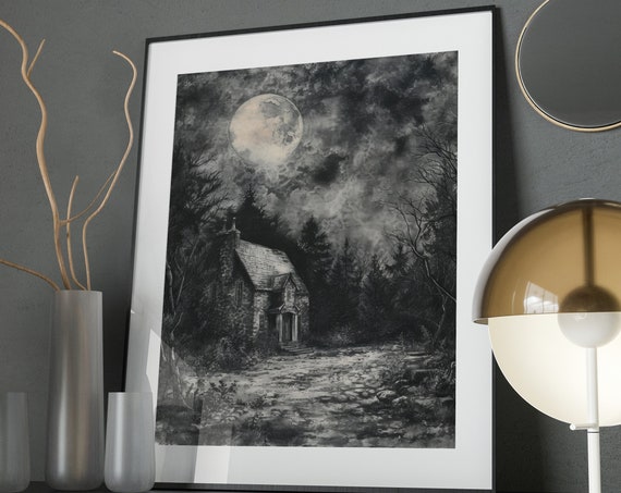 Grungy Forest Landscape Wall Art Instant Dark Cottagecore Aesthetic Above Bed Wall Decor Eerie Full Moon Scenery Print