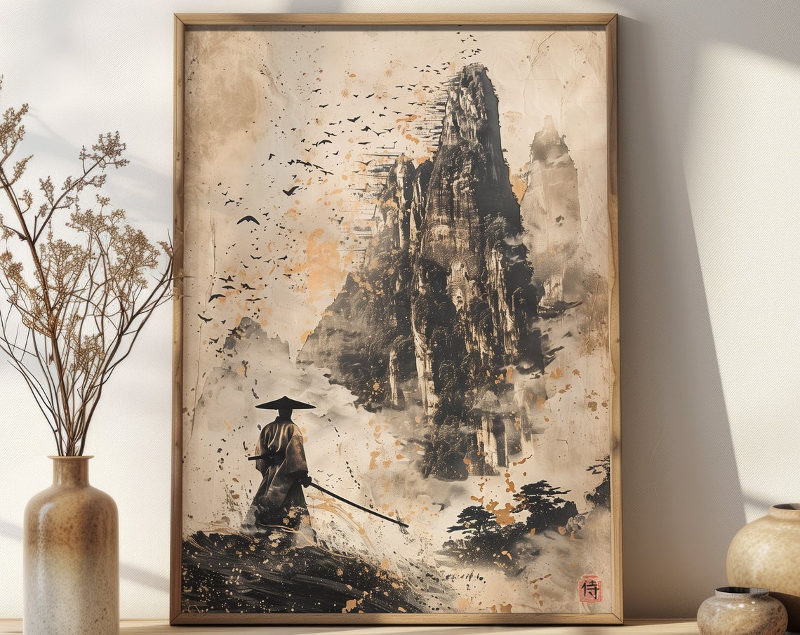 Japanese Vintage Mountain Landscape Samurai Sumi E Style Poster