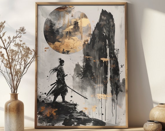 Unique Sumi E Samurai Poster Wall Art Instant Moody Japanese Room Decor Trendy Black Bronze Living Room Wall Decor