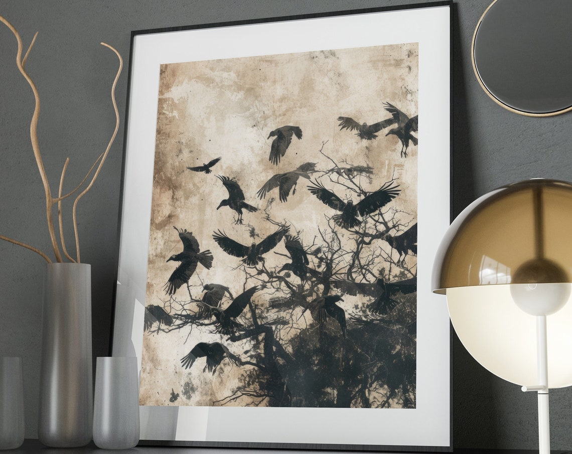 Murder Of Crows Grunge Painting Print Dark Bird Wall Decor Art