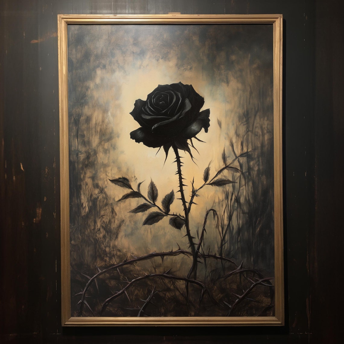 Black Rose in Gold Frame Gothic Romantic Floral Painting Poster