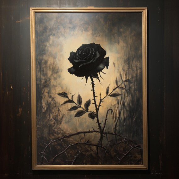 Black Rose in Gold Frame Gothic Romantic Floral Painting Poster