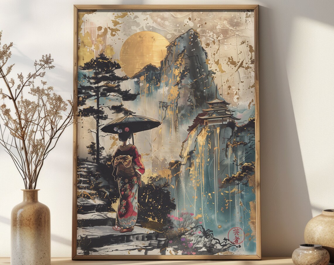 Moody Japanese Geisha Art Print, Mountain Scenery