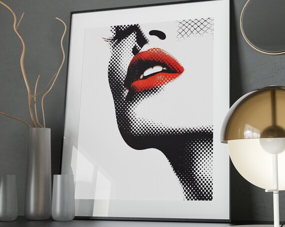 Red Lips Halftone Pop Art Print Retro Woman Portrait Wall Decor