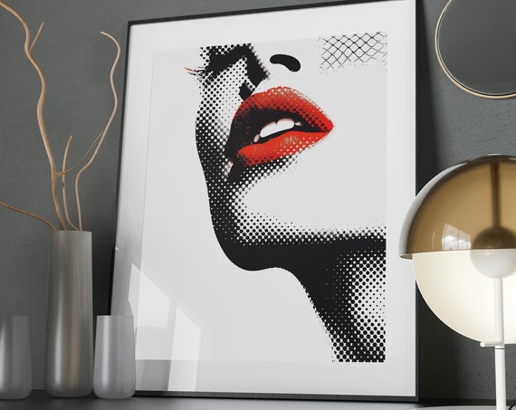 Retro Pop Art Halftone Print Wall Art Red Lips Women Portrait Trendy Feminine Wall Decor Modern Art Aesthetic
