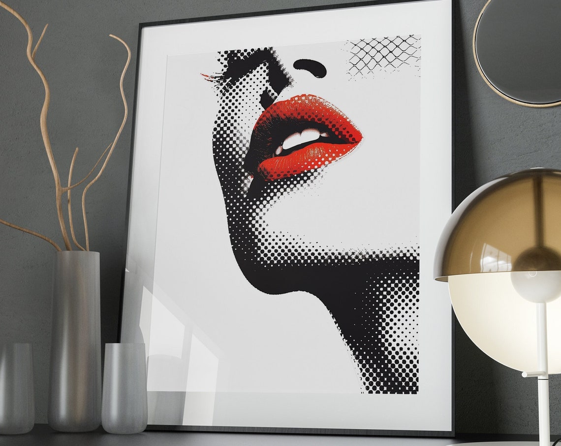 Red Lips Halftone Pop Art Print Retro Woman Portrait Wall Decor