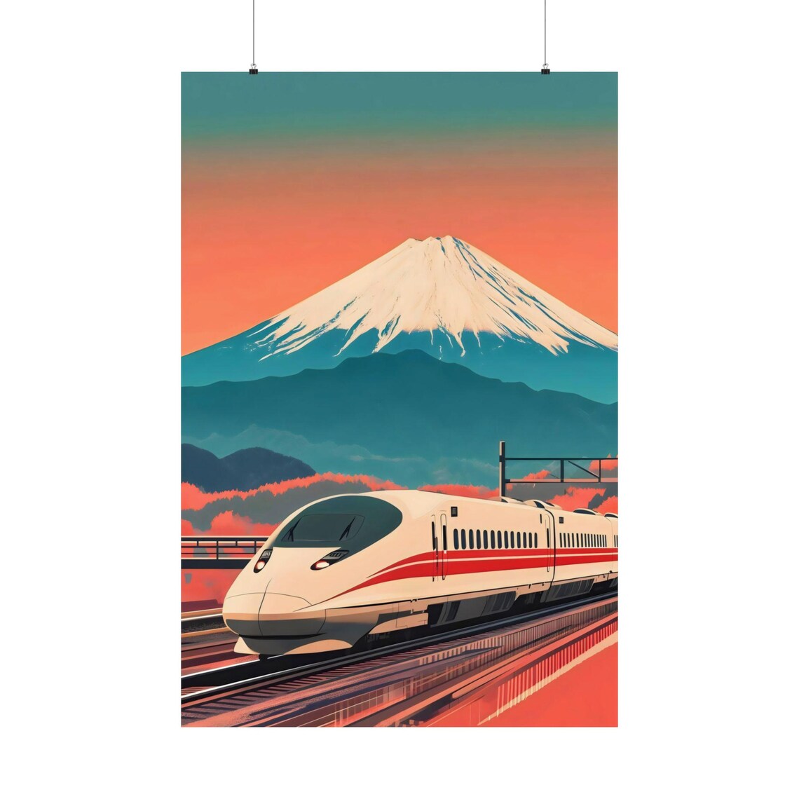 Shinkansen Bullet Train And Mount Fuji Japan Retro Sunset Poster