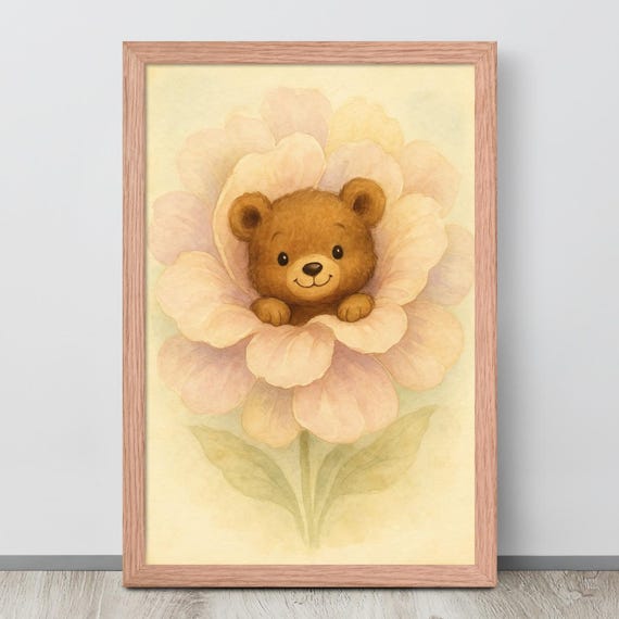 Teddy Bear In Flower, Baby Nursery Decor Poster
