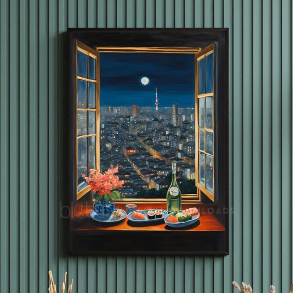 Tokyo Night Window Painting Print To Japan Sushi Sake Boats On Waterfront Artworkabstract Matisse Style Art Digital