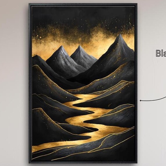 Surreal Mountain Landscape Framed Wall Art Golden River Painting Print Luxury Black And Gold Wall Decor Abstract Poster Ready To Hang
