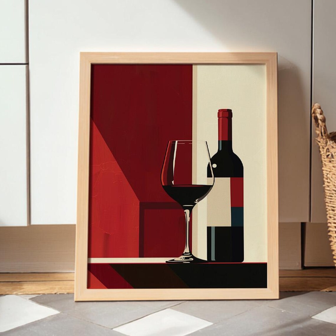 Red Wine Bottle and Glass Minimalist Modern Kitchen Poster Still Life