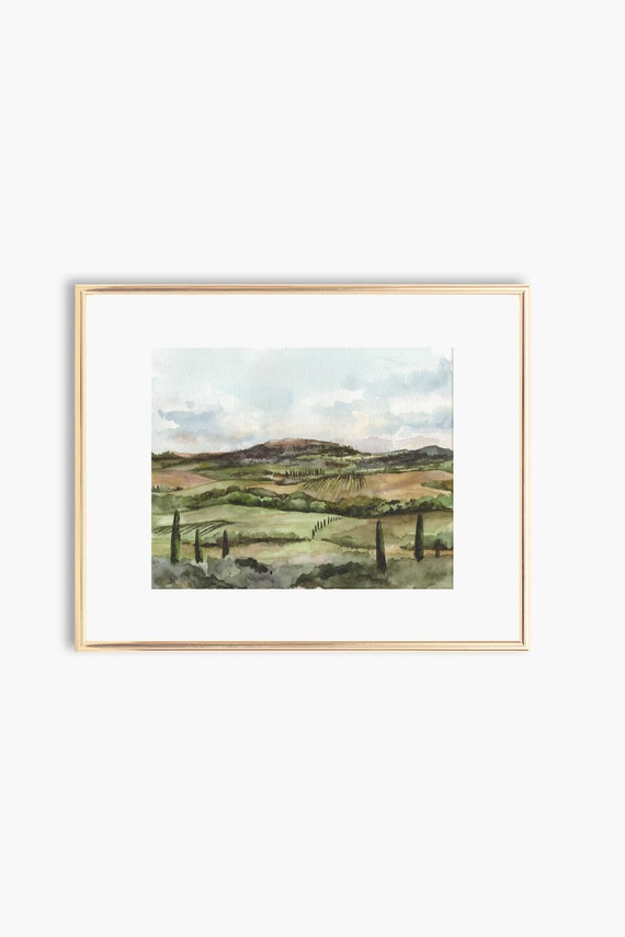 Tuscany Vineyard Watercolor Art Print, Italy Landscape