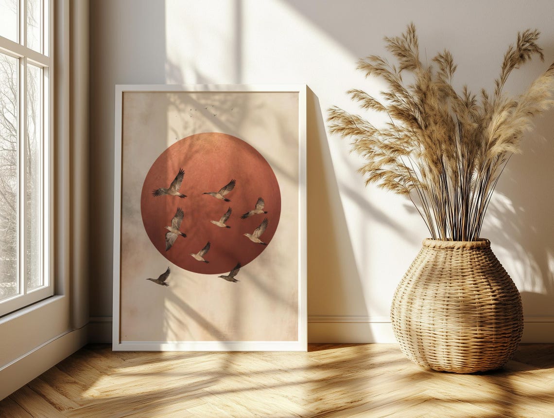 Flock of Birds Flying Across Copper Sun Minimalist Nature Poster - Image 3