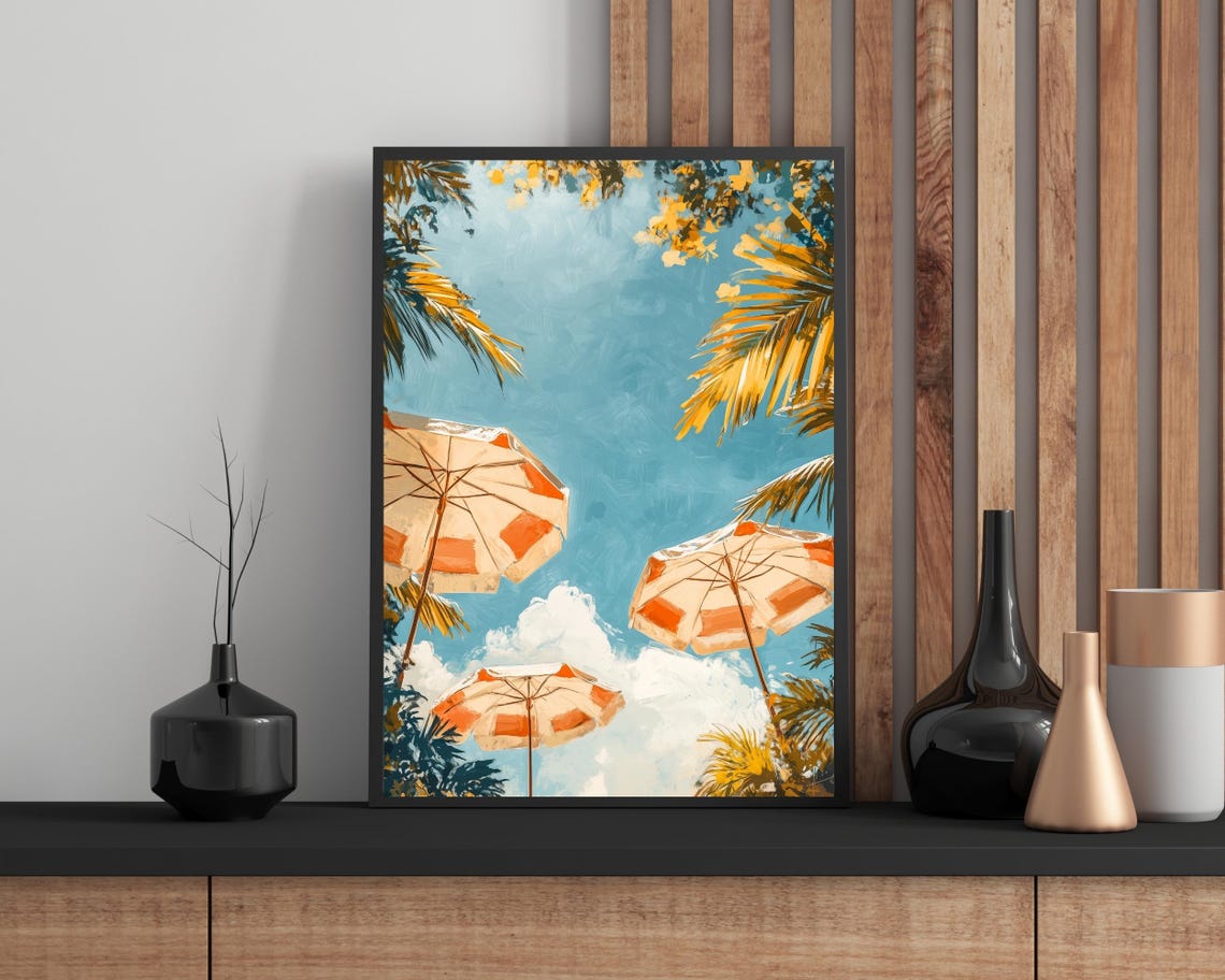 Striped Beach Umbrellas Blue Sky Palm Fronds Summer View Poster - Image 2