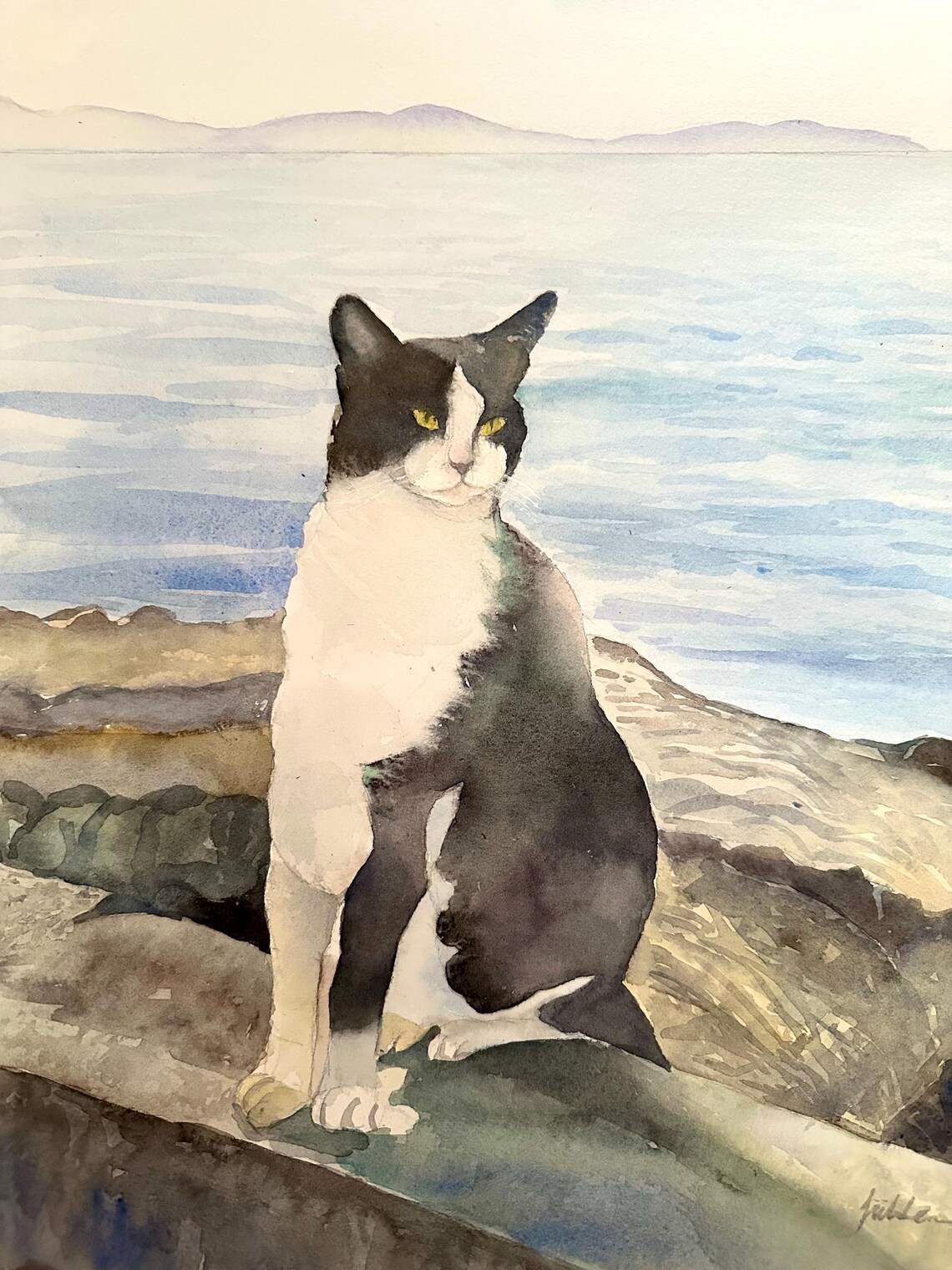 Black and White Tuxedo Cat by the Sea Watercolor Pet Portrait Poster - Image 5