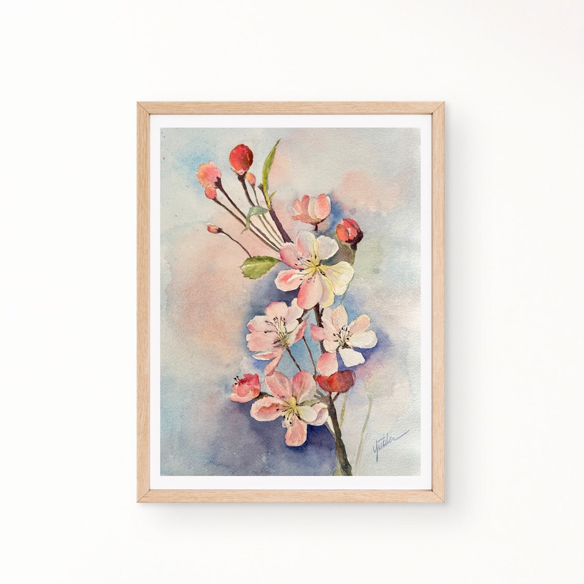 Pink Cherry Blossom Branch on Pastel Watercolor Spring Floral Poster