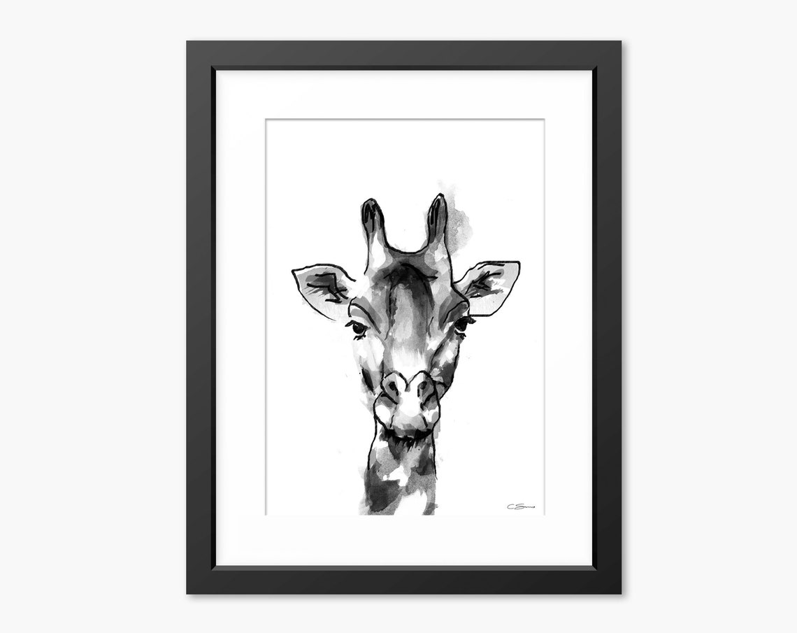 Black And White Watercolor Giraffe Head Portrait Safari Poster