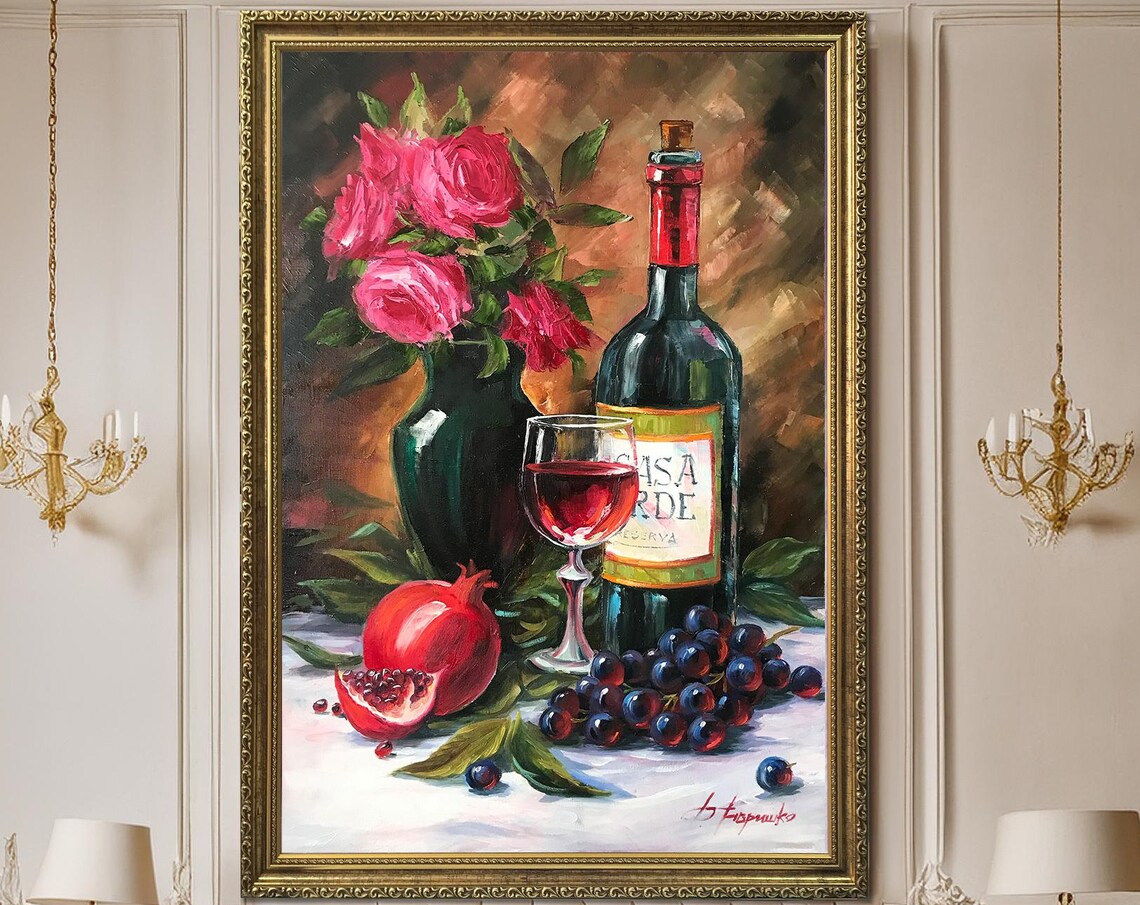 California Wine Bottle and Grapes Still Life Art Print