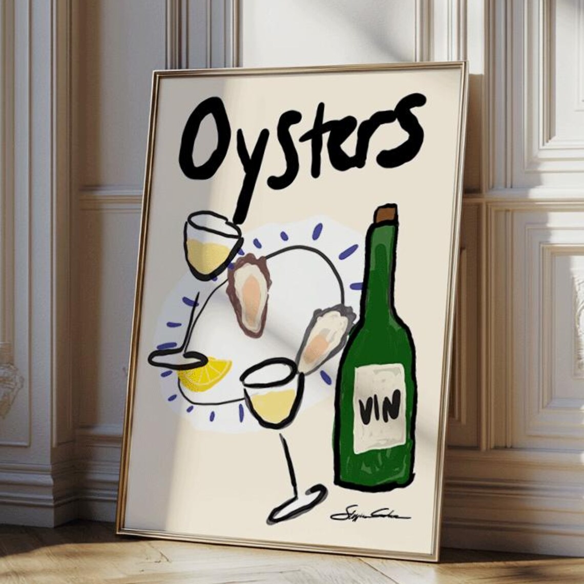 Oysters And Wine Kitchen Poster, Coastal Dining