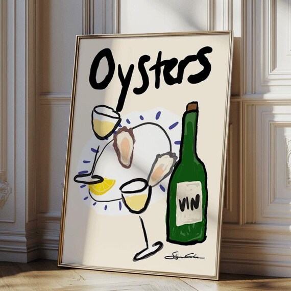 Oysters And Wine Kitchen Poster, Coastal Dining