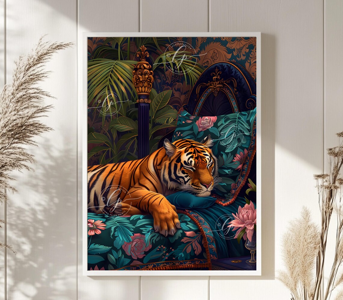 Sleeping Tiger Vintage Bed Teal Floral Bedding Jungle Wall Art