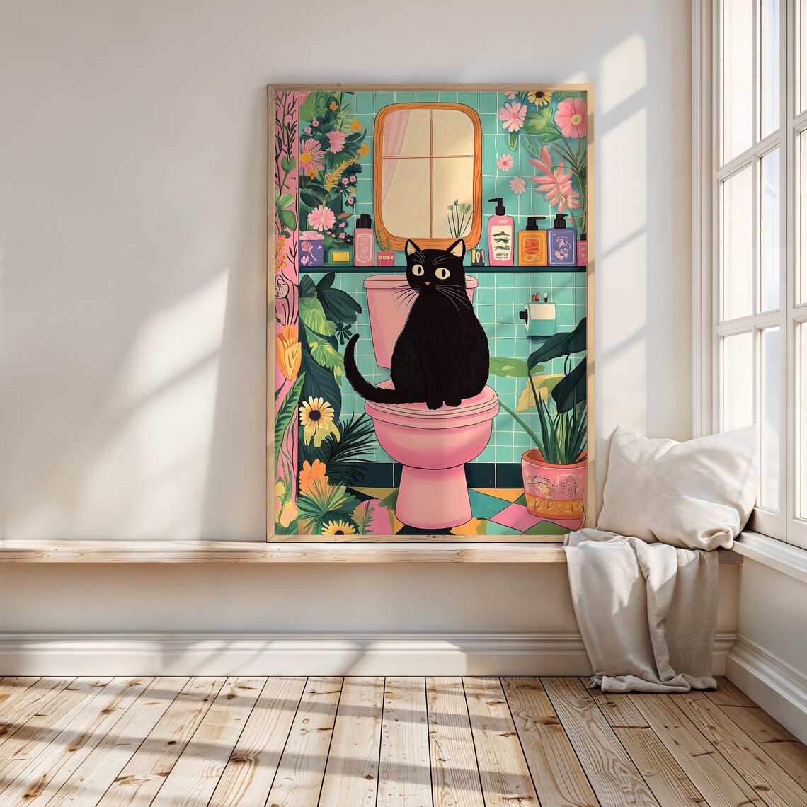 Black Cat Decor, Boho Botanical Bathroom Art - Image 2