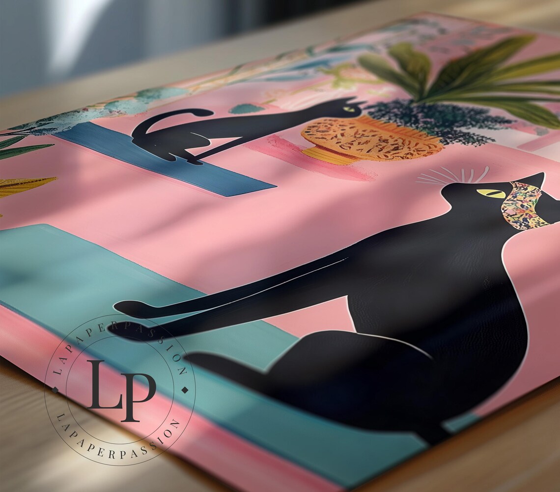 Black Cats Doing Yoga Pink Botanical Room Funny Yoga Cats Poster - Image 3