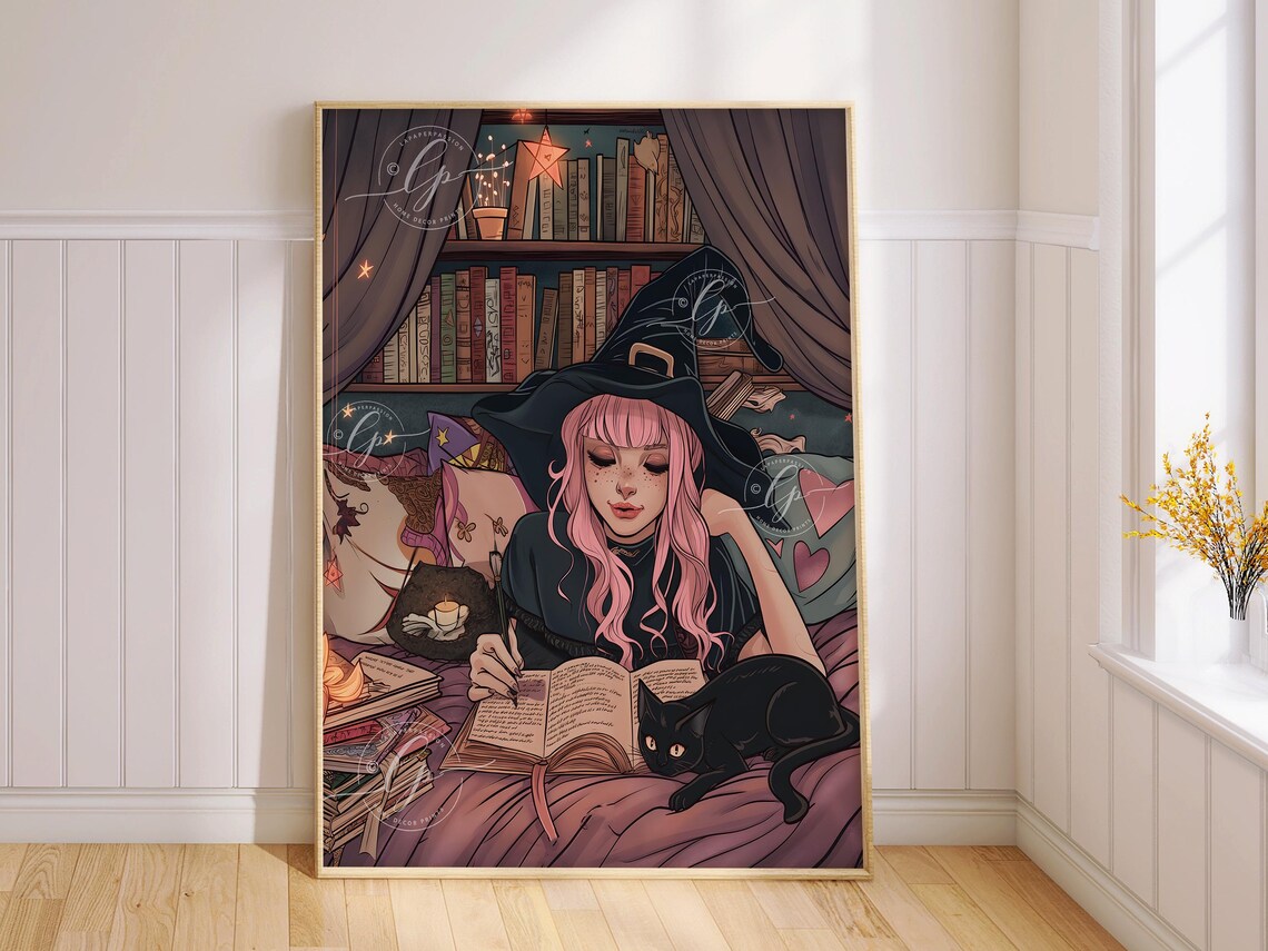 Pink Haired Teen Witch Reading With Black Cat Cozy Halloween Poster - Image 4