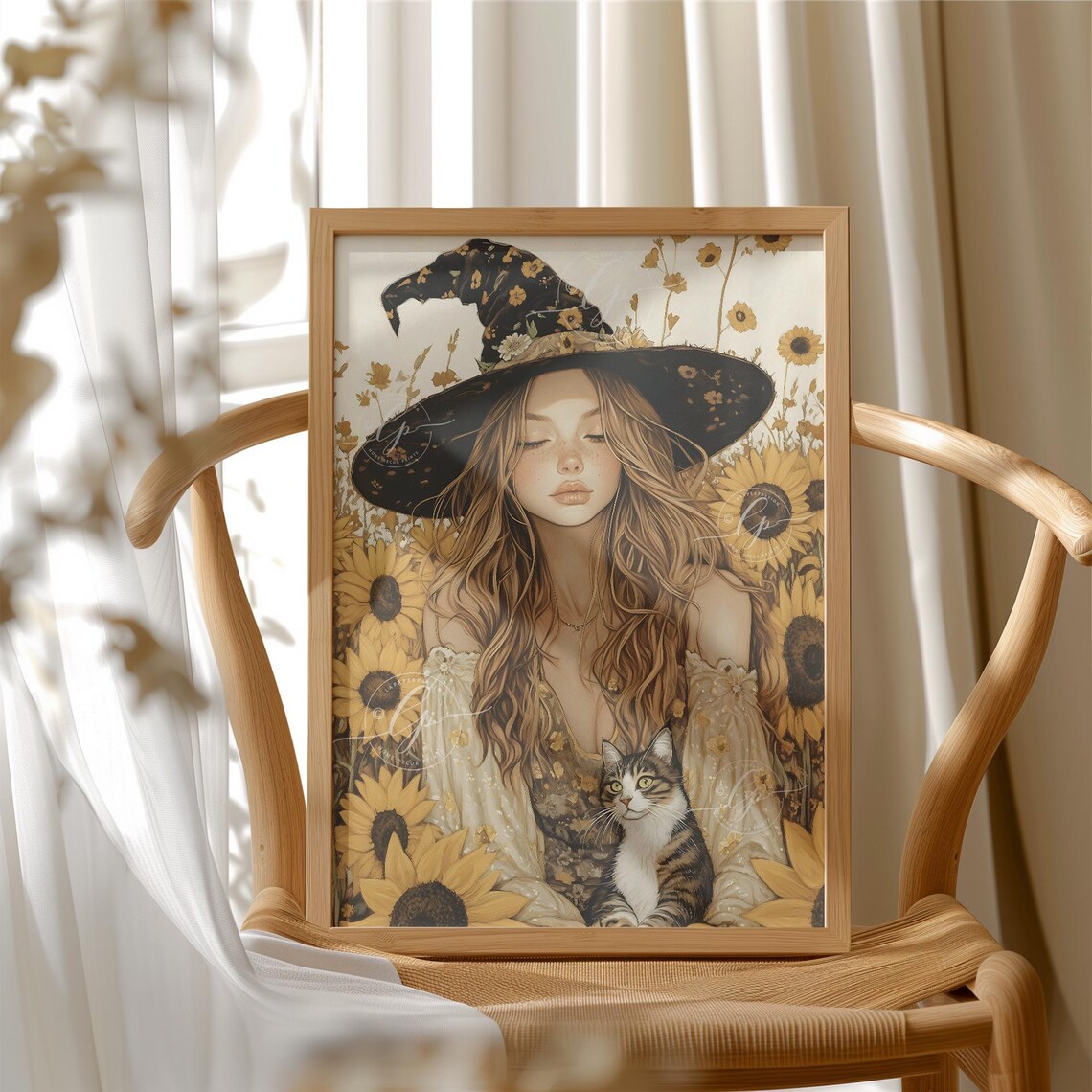 Sunflower Witch With Cat, Autumn Witch Decor - Image 4
