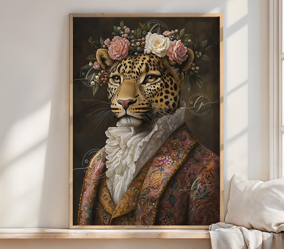 Aristocratic Leopard Floral Crown Baroque Style Maximalist Poster