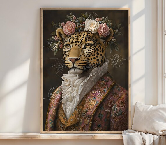 Aristocratic Leopard Floral Crown Baroque Style Maximalist Poster