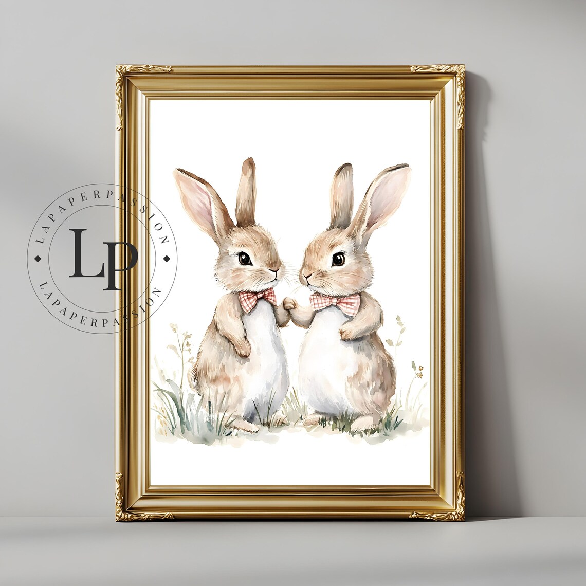 Cute Pair of Watercolor Bunnies with Red Bow Ties Nursery Poster - Image 3